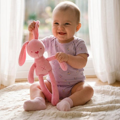 bebe heureux tient oreille bras doudou lapin rose