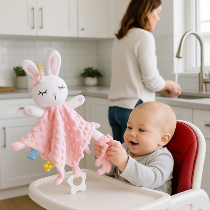 bebe joue avec doudou bebe lapin dans chaise haute
