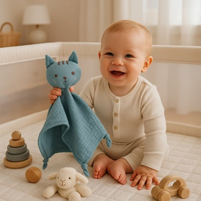 bebe joue avec doudou pour bebe dans parc