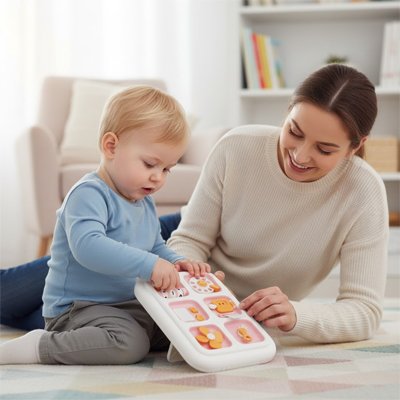 bebe joue avec maman busy board rose