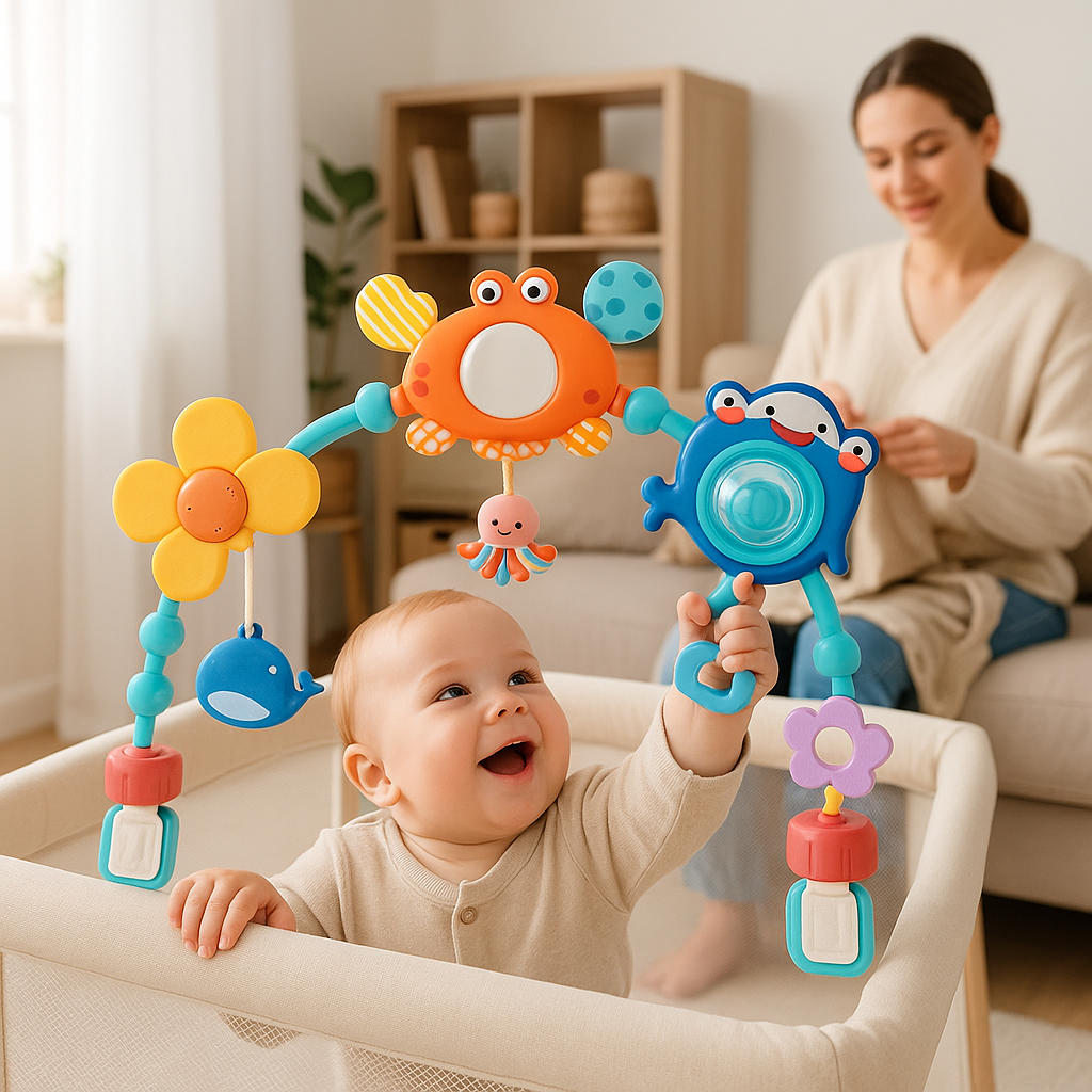 bebe joue avec portique bebe maman fait couture