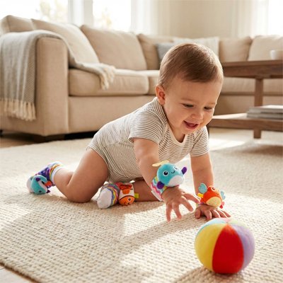 bebe joue ballon avec hochet bebe chaussettes poignets sur lui