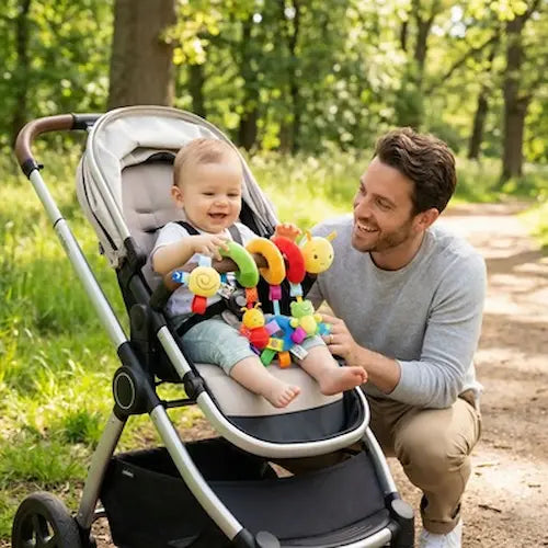 bébé joue hochet pour bebe enroulé barre poussette papa sourit