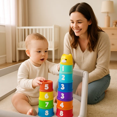 bebe joue jouet bebe 1 an maman sourit