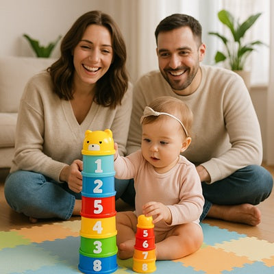 bebe joue jouet bebe 1 an papa maman regardent