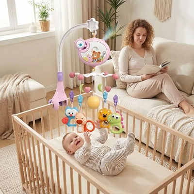 bebe joue mobile bebe ourson dans berceau maman lit livre