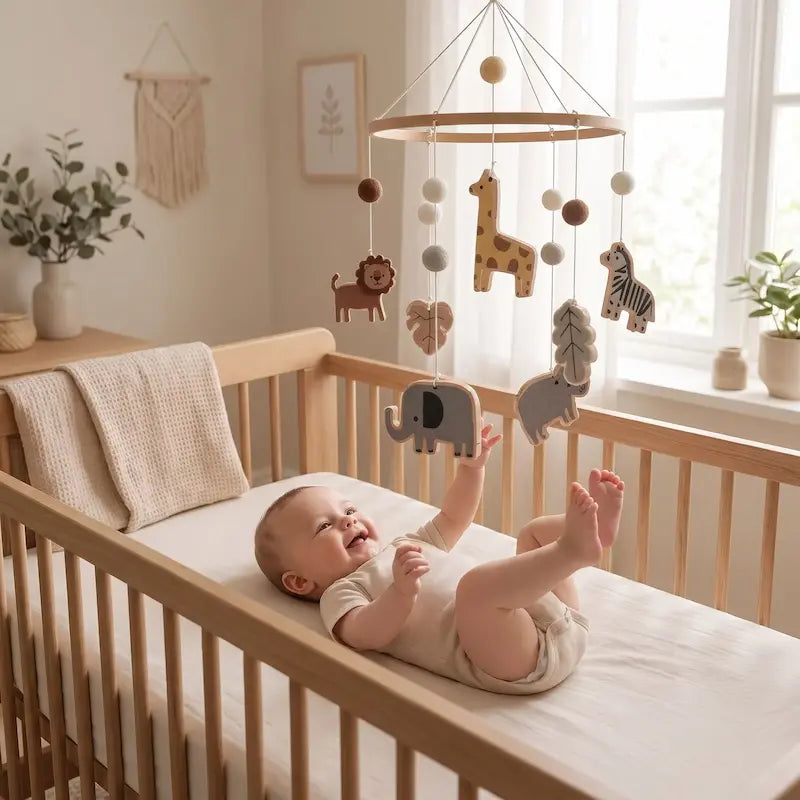 bébé joyeux allongé dos lève bras pieds vers mobile bébé