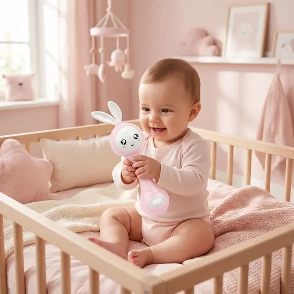 bébé joyeux assis berceau tient hochet bébé lapin rose