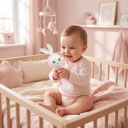 bébé joyeux assis berceau tient hochet bébé lapin rose