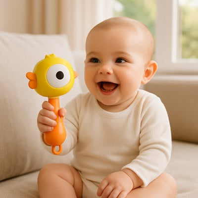 bebe joyeux assis canape tient hochet pour bebe