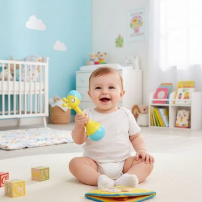 bebe joyeux assis parterre tient dans main hochet bebe girafe