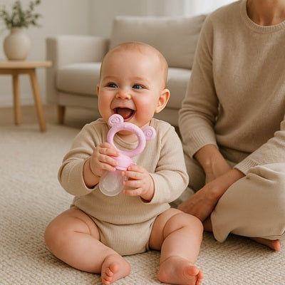 bebe joyeux assis tapis avec maman tient grignoteuse bebe