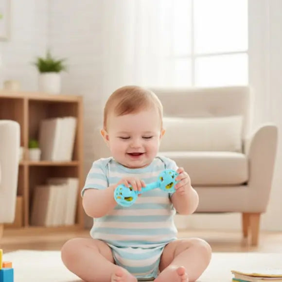 bébé joyeux assis tapis joue hochet bebe