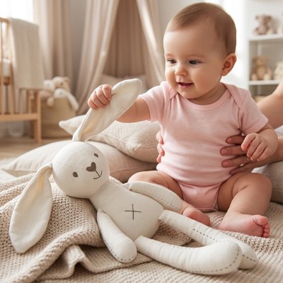 bebe joyeux assis tapis tient doudou lapin blanc