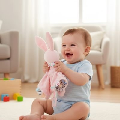 bebe joyeux assis tient avec mains doudou bebe lapin rose