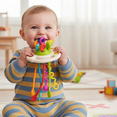 bebe joyeux assis tient jouet eveil bebe dans bouche