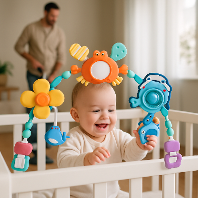 bebe joyeux joue avec portique bebe berceau papa passe aspirateur