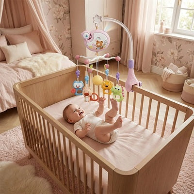 bebe joyeux leve mains regarde mobile bebe ourson fixe berceau