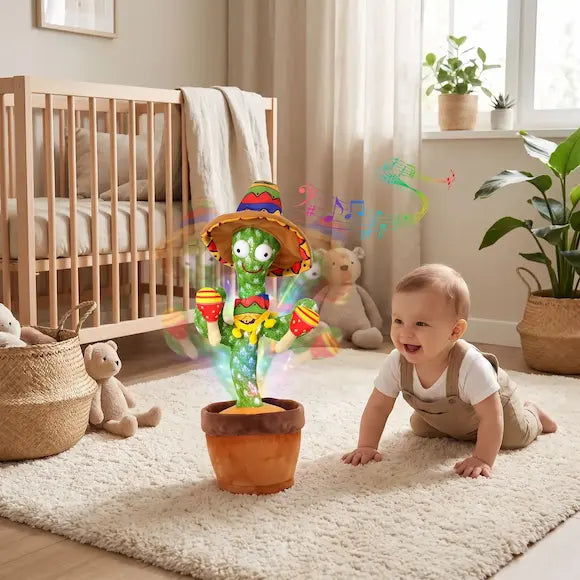 bébé joyeux quatre pattes regarde peluche interactive cactus danse répète