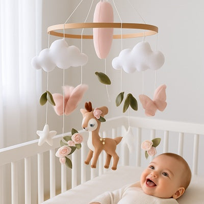 bebe joyeux regarde mobile bebe biche au dessus