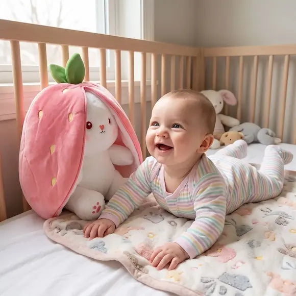 bébé joyeux tummy time berceau près peluche bebe lapin fraise