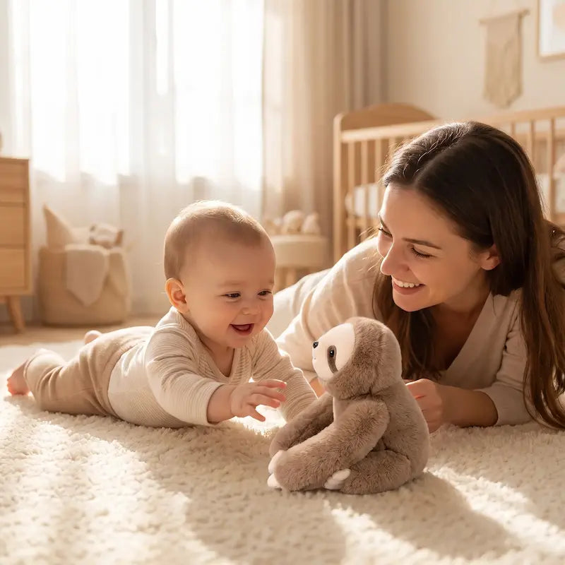 bébé joyeux tummy time regarde peluche bebe pose tapis maman sourit