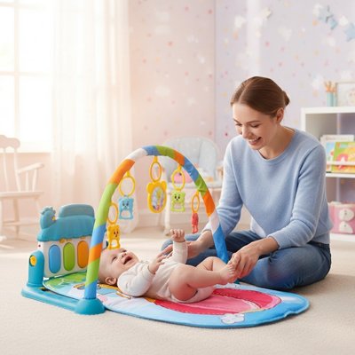 bebe lève bras pieds sur tapis deveil bebe maman surveille