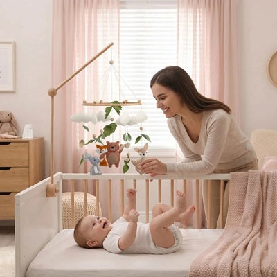 bebe leve mains pieds regarde mobile bebe ourson maman sourit