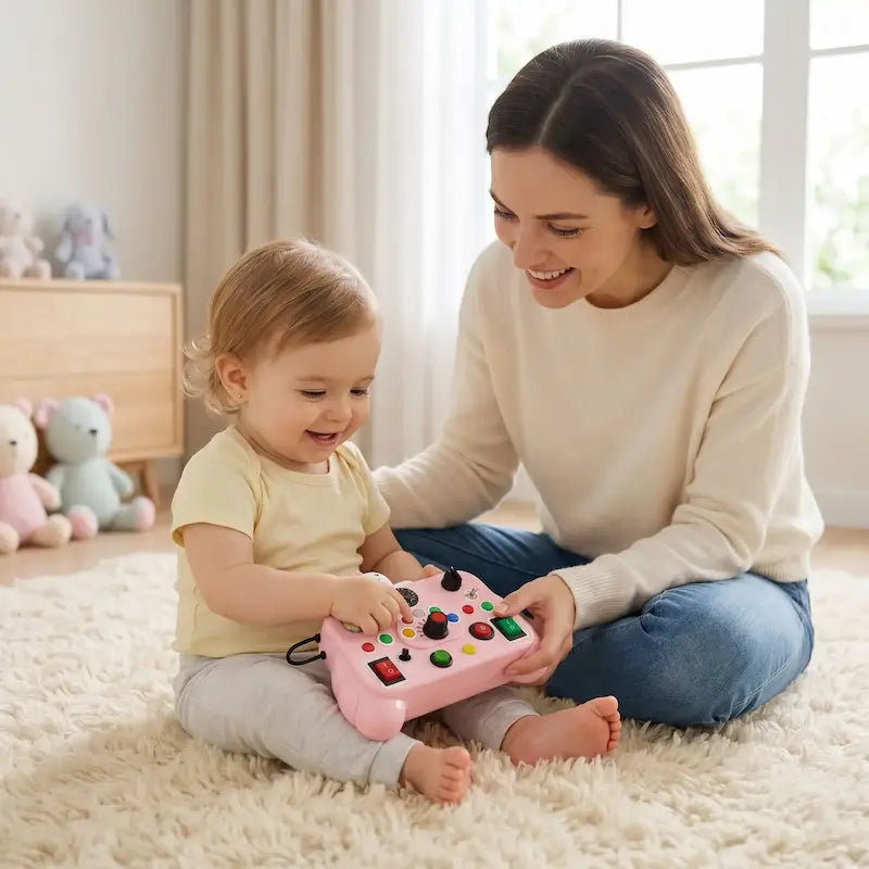 bebe maman assis tapis chambre jouent busy board bebe rose