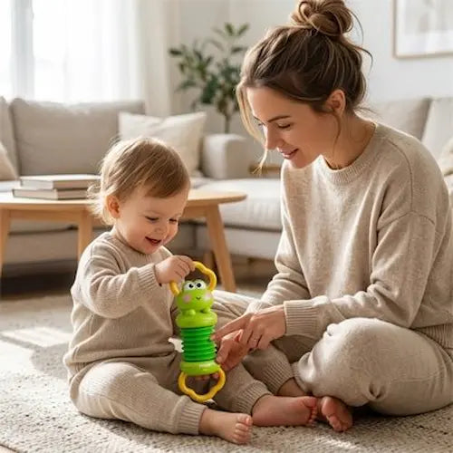 bébé maman assis tapis écoutent jouet éveil bebe
