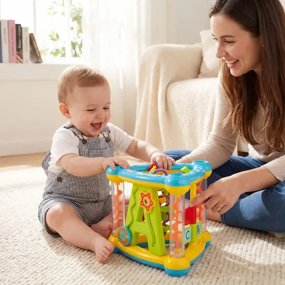 bébé maman assis tapis salon jouent jouet bebe triangle activités
