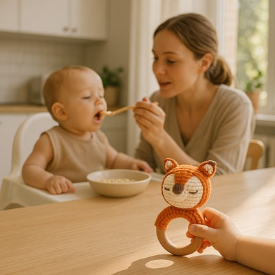 bebe mange avec maman hochet bebe premier plan