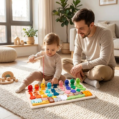 bebe papa assis tapis devant puzzle bebe tient canne peche