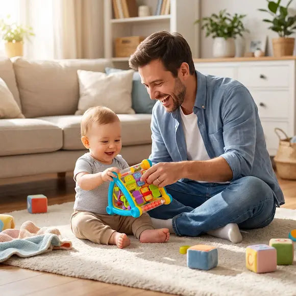 bébé papa assis tapis jouent jouet bebe triangle activités