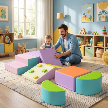 bébé papa installent ensemble parcours motricité bébé salle de jeu