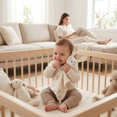 bebe parc tient doudou lapin contre joue maman lit