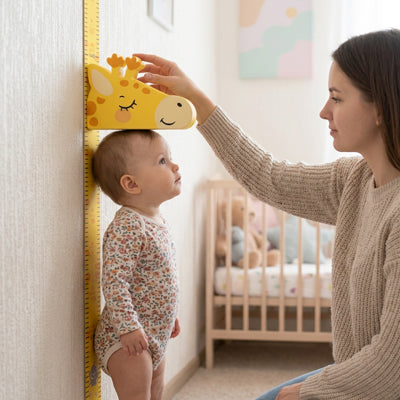 bebe place sous toise enfant girafe maman regarde taille