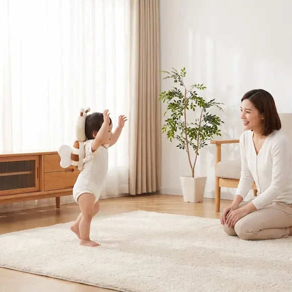 bébé porte coussin peluche anti chute premiers pas maman sourit
