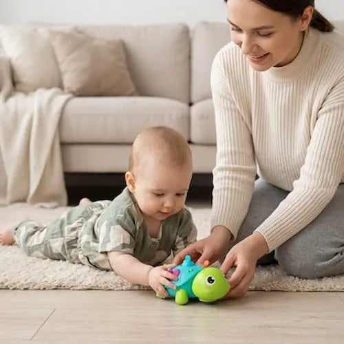 bébé position tummy time tient jouet bebe tortue maman surveille