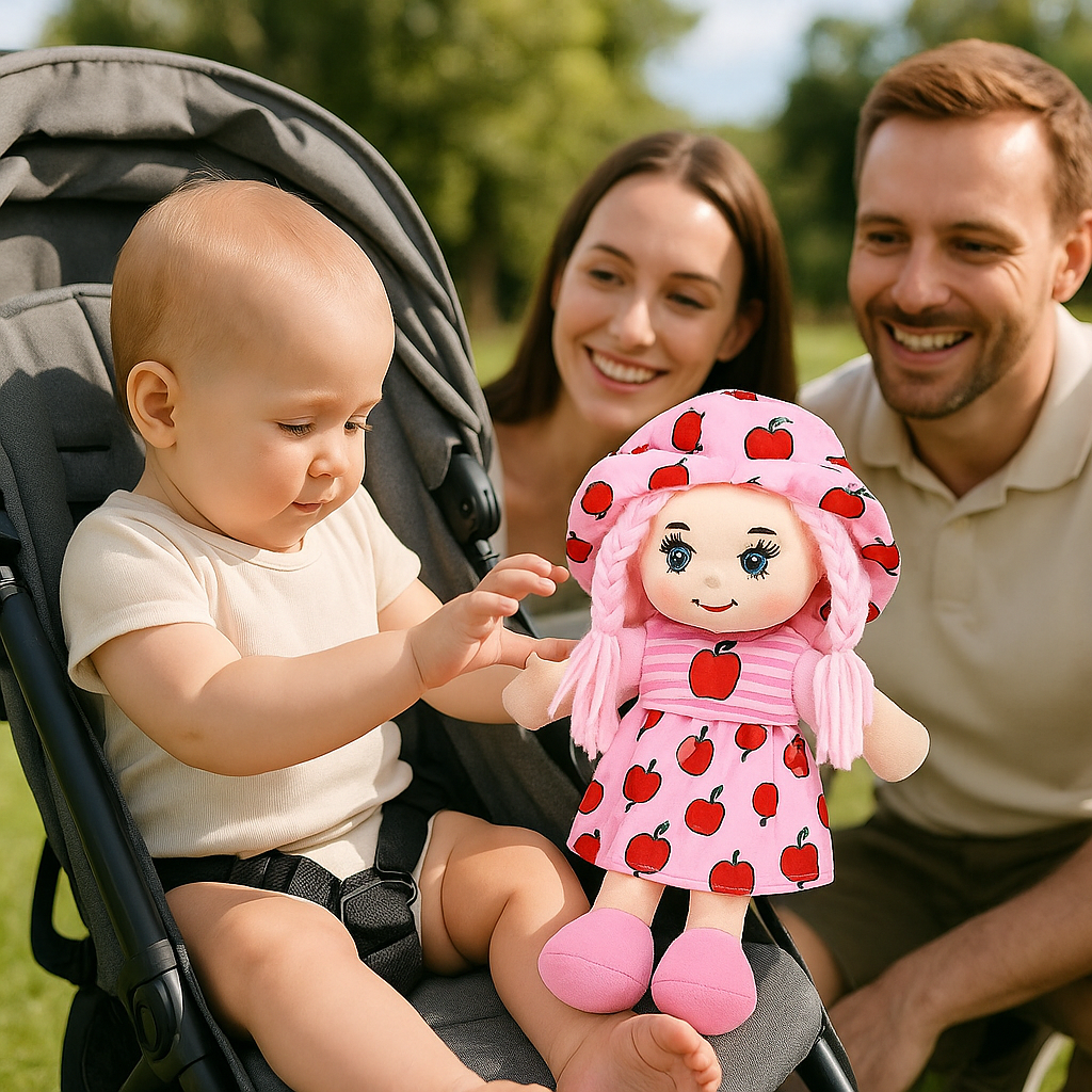bebe poussette admire pourpee de chiffon papa maman sourient