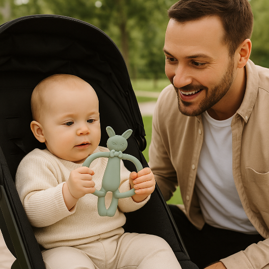 bebe poussette avec anneau de dentition bebe papa sourit