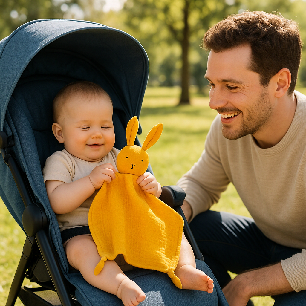 bebe poussette doudou bebe papa sourit