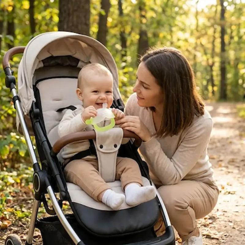 bébé poussette foret mordille anneau de dentition vert maman regarde