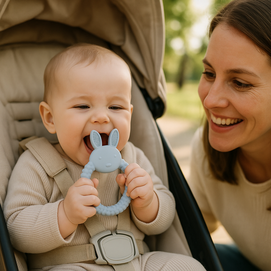 bebe poussette mordille anneau de dentition bebe maman sourit