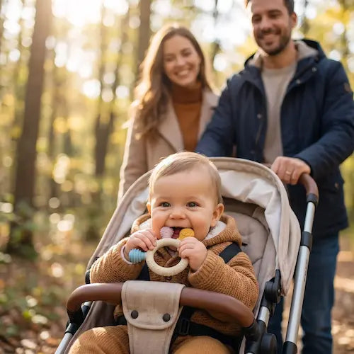 bébé poussette mordille anneau de dentition papa maman proménent