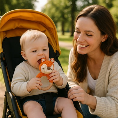 bebe poussette orange mordille hochet bebe maman sourit