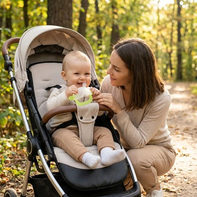 bebe poussette parc boise mordille anneau de dentition maman regarde