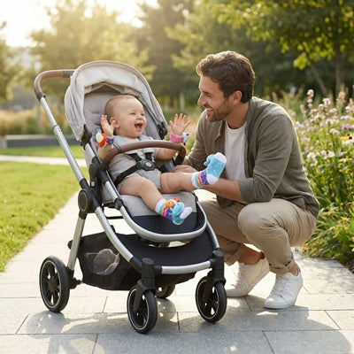 bebe poussette porte chaussettes et poignets papa souriant regarde bebe