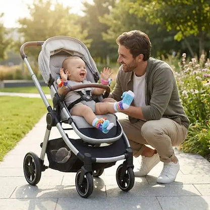 bebe poussette porte chaussettes et poignets papa souriant regarde bébé