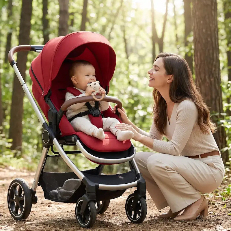 bébé poussette rouge mord hochet bébé ourson maman accroupie sourit